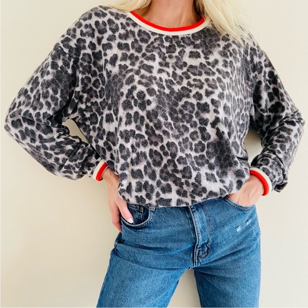Michael Stars Tate Contrast Leopard Crewneck Pullover Top